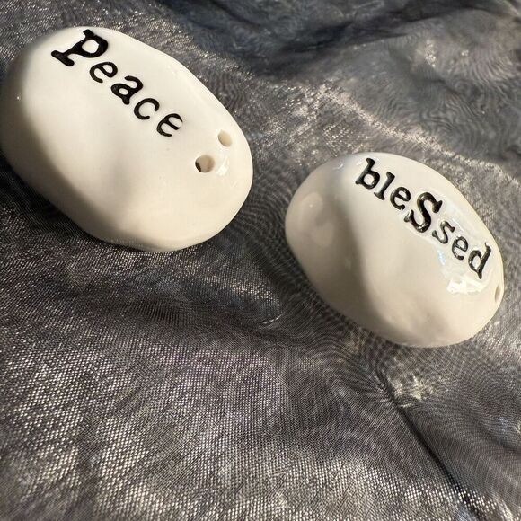 PS Peace Blessed Mini Salt & Pepper Shakers Religious Themed Minimalist White 2” - Picture 4 of 6